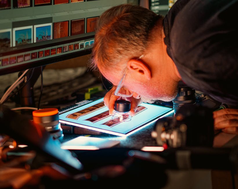 A photographer uses magnifying glass to examine film negatives on a light table in a studio setting.