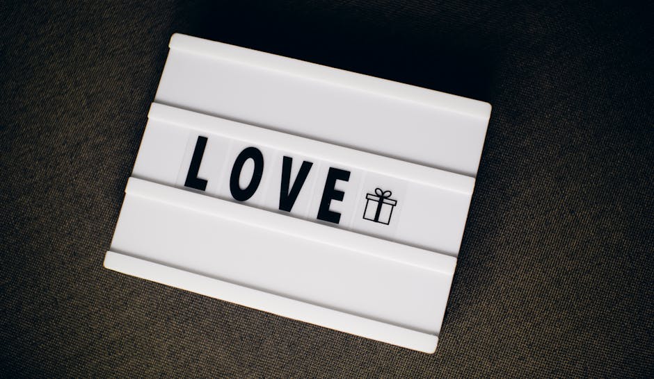 An illuminated lightbox displaying the word LOVE with a gift icon on a dark fabric background.